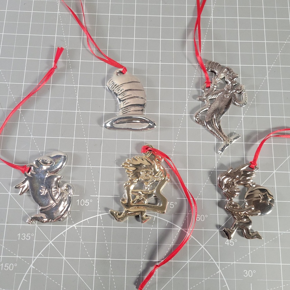 Dr. Seuss Cat in the Hat Christmas Ornament Set 5 Gold & Silver Tone Movie